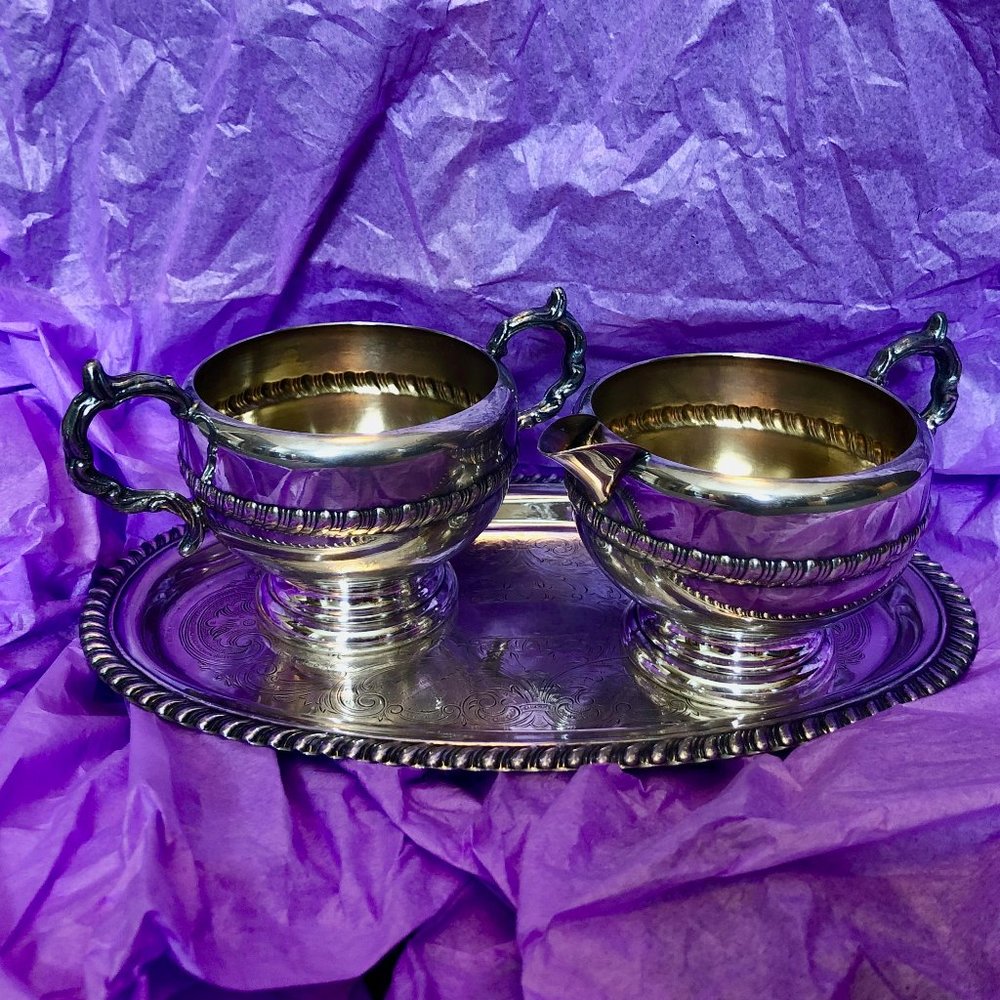 Silver-plated cream & sugar set with mini tray